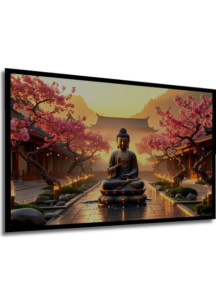 Çerçeve Görünümlü Sakura Çiçekleri ve Buda Meditasyon Yağlı Boya Görünümlü Ahşap Ofis Kare Tablo modelleri