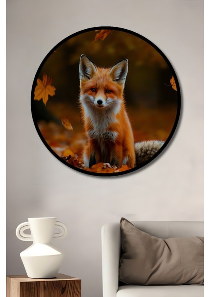 Çerçeve Görünümlü Sonbahar Yaprakları Altında Tilki Yağlı Boya Görünümlü Dekoratif Ahşap Ofis Tablo