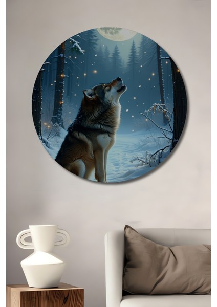 Dolunayda Uluyan Kurt Yağlı Boya Görünümlü Dekoratif Ahşap Ev/işyeri/ofis Yuvarlak Tablo