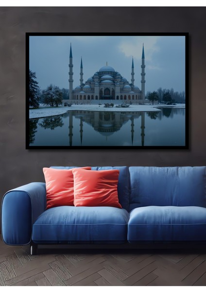 Çerçeve Görünümlü Kış Masalı Camii Sulu Boya Görünümlü Dekoratif Ahşap Ev/işyeri/ofis Kare Tablo