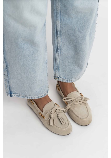 Fisher Bej Hakiki Süet Düz Taban Boncuk Detay Kadın Babet Ayakkabı fiyatları