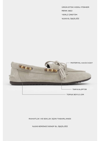Fisher Bej Hakiki Süet Düz Taban Boncuk Detay Kadın Babet Ayakkabı modelleri