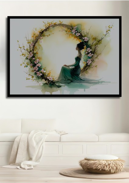 Çerçeve Görünümlü Çiçekli Taç Içinde Yeşil Elbiseli Kadın Sulu Boya Görünümlü Ahşap Ofis Tablo