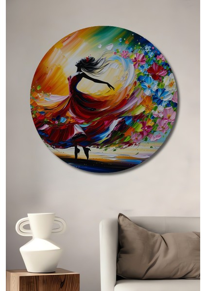 Çiçek Dansı Yağlı Boya Görünümlü Dekoratif Ahşap Ev/işyeri/ofis Yuvarlak Tablo