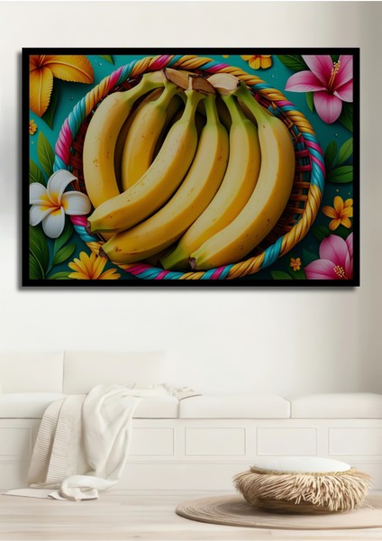 Çerçeve Görünümlü Tropikal Rüyası Muz Cenneti Yağlı Boya Görünümlü Dekoratif Ahşap Ofis Kare Tablo