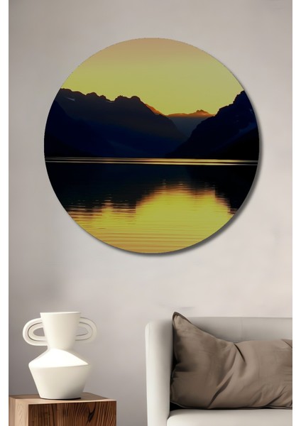 Altın Yansıma Dağ Manzarası Yağlı Boya Görünümlü Dekoratif Ahşap Ev/işyeri/ofis Yuvarlak Tablo