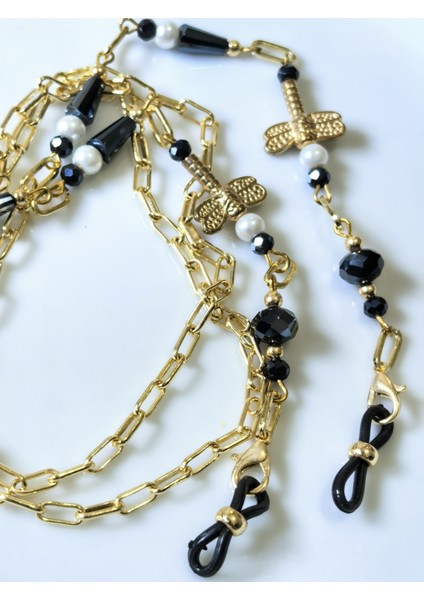 Gözlük Zinciri Altın kaplama zincirli Hematit Rengi kristal Taşlı İncili Yusufçuk Figürlü