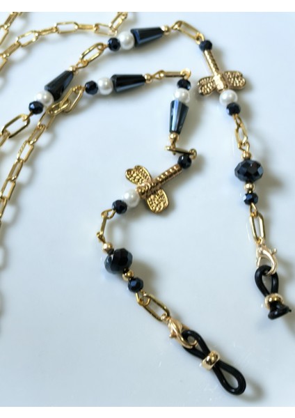 Gözlük Zinciri Altın kaplama zincirli Hematit Rengi kristal Taşlı İncili Yusufçuk Figürlü fiyatları