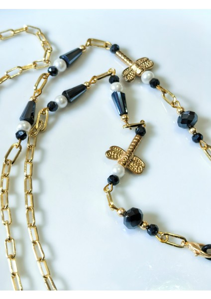 Gözlük Zinciri Altın kaplama zincirli Hematit Rengi kristal Taşlı İncili Yusufçuk Figürlü fırsatları