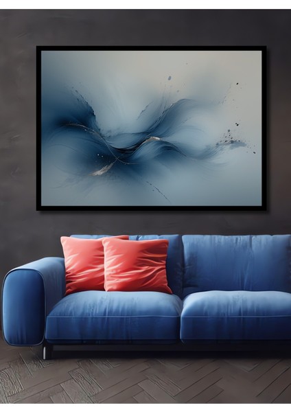 Çerçeve Görünümlü Mavi Hissiyat Soyut Sanat Yağlı Boya Görünümlü Dekoratif Ahşap Ofis Kare Tablo