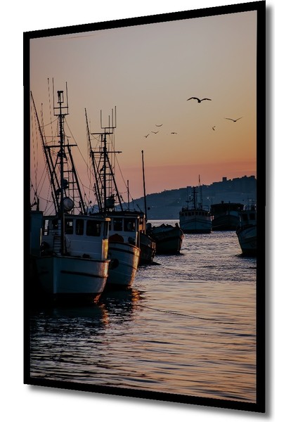 Çerçeve Görünümlü Gün Batımı Balıkçı Tekneleri Yağlı Boya Görünümlü Dekoratif Ahşap Ofis Kare Tablo fiyatları