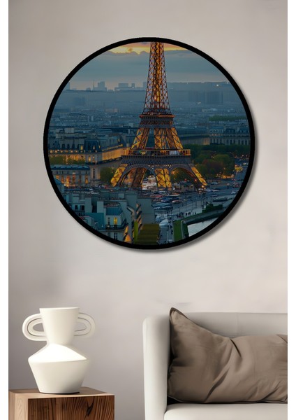 Çerçeve Görünümlü Eiffel Kulesi Paris Manzarası Yağlı Boya Görünümlü Ahşap Ofis Yuvarlak Tablo