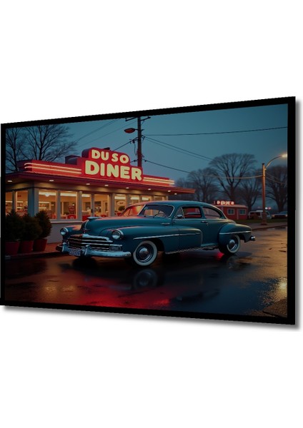 Çerçeve Görünümlü Retro Amerikan Diner ve Klasik Otomobil Yağlı Boya Görünümlü Ahşap Ofis Tablo fiyatları