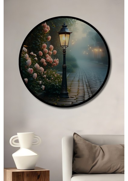 Çerçeve Görünümlü Pembe Gül Bahçesi Sokak Lambası Yağlı Boya Görünümlü Ahşap Ofis Yuvarlak Tablo