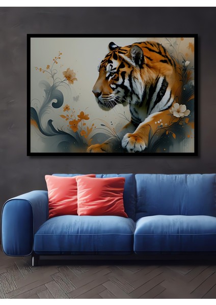 Çerçeve Görünümlü Çiçeklerle Dans Eden Yağlı Boya Görünümlü Bengal Kaplanı Ofis Ahşap Tablosu