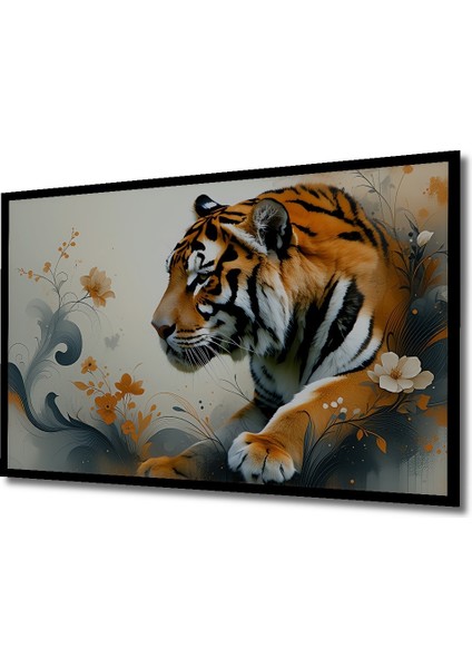 Çerçeve Görünümlü Çiçeklerle Dans Eden Yağlı Boya Görünümlü Bengal Kaplanı Ofis Ahşap Tablosu fiyatları