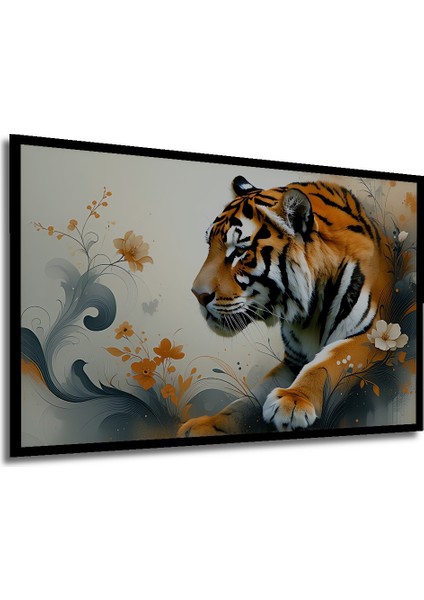 Çerçeve Görünümlü Çiçeklerle Dans Eden Yağlı Boya Görünümlü Bengal Kaplanı Ofis Ahşap Tablosu modelleri