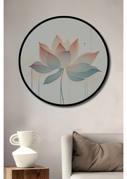 Çerçeve Görünümlü Pastel Tonlarda Lotus Çiçeği Sulu Boya Görünümlü Ahşap Ofis Yuvarlak Tablo