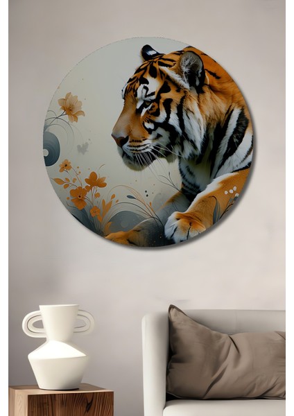 Çiçeklerle Dans Eden Yağlı Boya Görünümlü Bengal Kaplanı Ev/işyeri/ofis Dekoratif Ahşap Tablosu