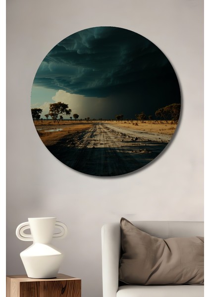 Fırtına Bulutları Yağlı Boya Görünümlü Dekoratif Ahşap Ev/işyeri/ofis Yuvarlak Tablo