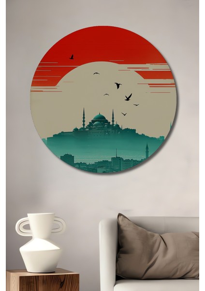 Istanbul Silüeti Kuşlar ve Kızıl Günbatımı Yağlı Boya Görünümlü Dekoratif Mdf Ev/işyeri/ofis Tablo