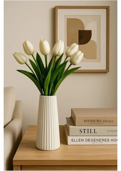 19 cm Modern Dekorasyon Için Şık Beyaz Çizgili Çiçek Vazo - Minimalist ve Zarif Vazo Modelleri