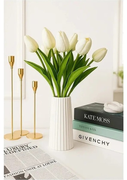 19 cm Modern Dekorasyon Için Şık Beyaz Çizgili Çiçek Vazo - Minimalist ve Zarif Vazo Modelleri modelleri
