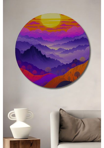 Mor Dağların Rüyası Yağlı Boya Görünümlü Dekoratif Ahşap Ev/işyeri/ofis Yuvarlak Tablo