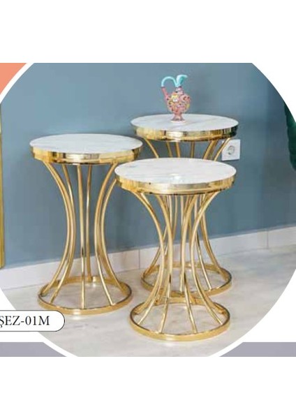 Mim Beyaz Mermer - Gold Şelale Zigon Sehpa