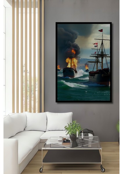 Çerçeve Görünümlü Osmanlı Donanması Yağlı Boya Görünümlü Dekoratif Ahşap Ev/işyeri/ofis Kare Tablo