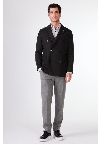 Siyah Kruvaze Slim Fit Erkek Ceket