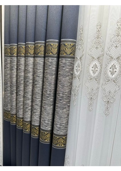 Nivemeshome Likya FT632120 V-2501 Lacivert-Gold 1/3 Sık Pileli Fon Perde Apm indirimleri