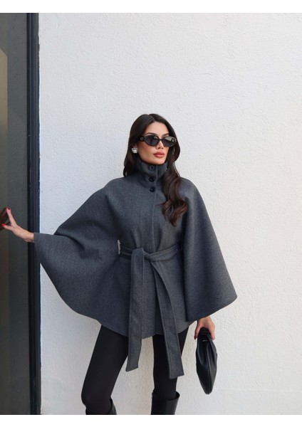 Dik Yaka Kuşaklı Kaşe Panço modelleri