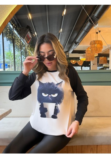 Kadın Uzun Kollu Bisiklet Yaka Kedi Baskılı Şardonlu Dalgıç Bluz