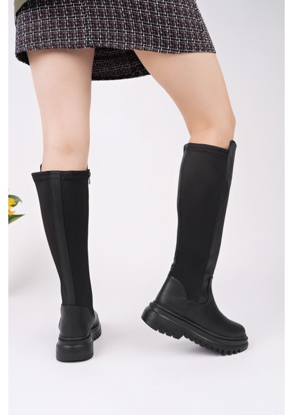 Nerox Kalın Taban Streç Detaylı Fermuarlı Kadın Çizme