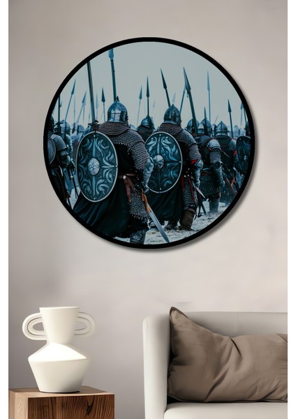 Çerçeve Görünümlü Ortaçağ Zırhlı Savaşçıları Yağlı Boya Görünümlü Ahşap Ofis Yuvarlak Tablo