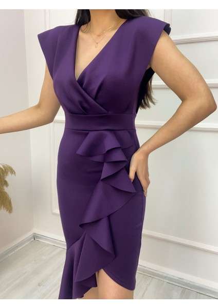 Scuba Kumaş Önü Fırfırlı Midi Boy Elbise