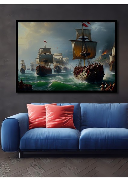 Çerçeve Görünümlü Osmanlı Donanması Yağlı Boya Görünümlü Dekoratif Ahşap Ev/işyeri/ofis Kare Tablo