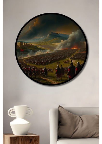 Çerçeve Görünümlü Destansı Savaş Alanı Yağlı Boya Görünümlü Dekoratif Ahşap Ofis Yuvarlak Tablo