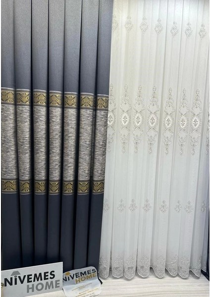 Nivemeshome Likya FT632120 V-2501 Lacivert-Gold 1/3 Sık Pileli Fon Perde Apm