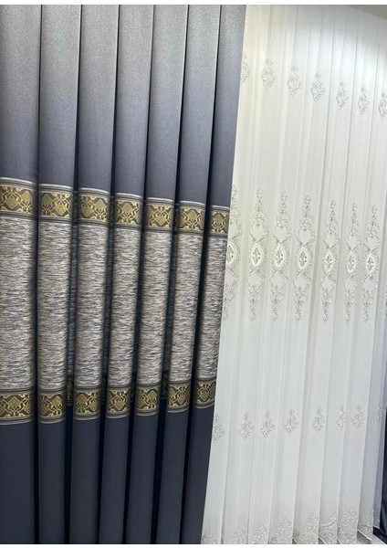 Nivemeshome Likya FT632120 V-2501 Lacivert-Gold 1/3 Sık Pileli Fon Perde Apm