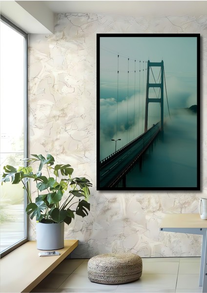 Çerçeve Görünümlü Sisli San Francisco Köprüsü Pastel Boya Görünümlü Dekoratif Ahşap Ofis Kare Tablo