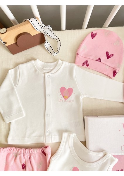 Şeker Pembe Kalp Desenli %100 Pamuk Kumaş Kız Bebek 10'lu Hastane Çıkış Seti fiyatları