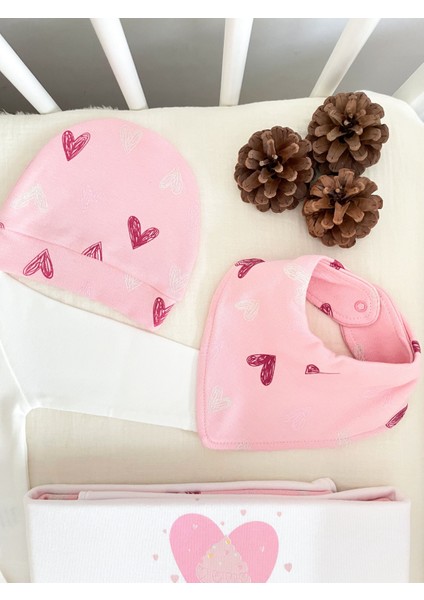 Şeker Pembe Kalp Desenli %100 Pamuk Kumaş Kız Bebek 10'lu Hastane Çıkış Seti modelleri