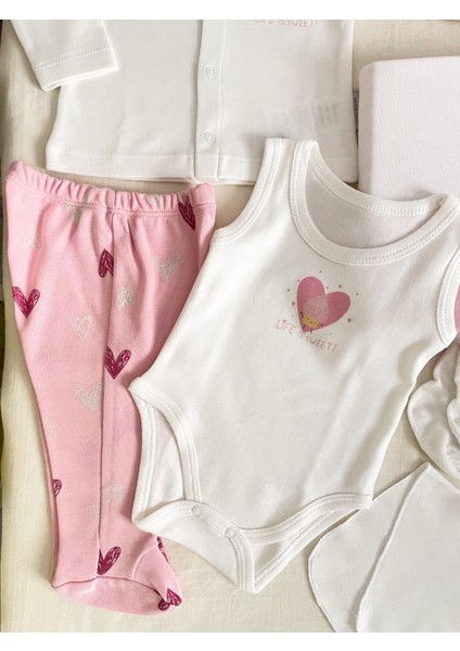 Şeker Pembe Kalp Desenli %100 Pamuk Kumaş Kız Bebek 10'lu Hastane Çıkış Seti fırsatları