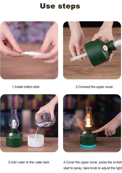 Vintage Şarjlı Gece Lambası Hava Nemlendirici Buhar Makinesi 280ML Retro Kamp Işık Kamp Lambası
