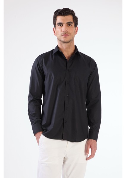 Siyah Pamuk Regular Fit Uzun Kol Erkek Gömlek