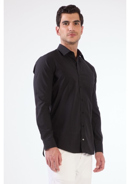 Siyah Pamuk Regular Fit Uzun Kol Erkek Gömlek modelleri