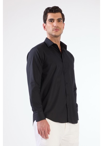 Siyah Pamuk Regular Fit Uzun Kol Erkek Gömlek fırsatları