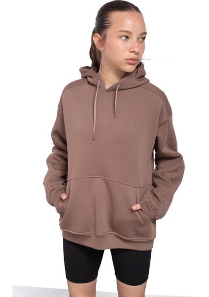 Kahve Kanguru Cepli Basic Şardonlu Kız Çocuk Kapüşonlu Sweatshirt 21208 fırsatları